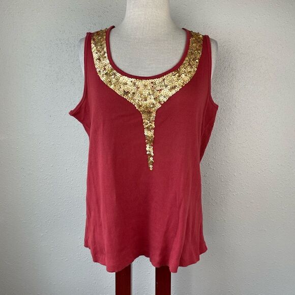 Sonia’s Apparel Red And Gold Sequin Tank Top Size 2X EUC - Picture 1 of 7